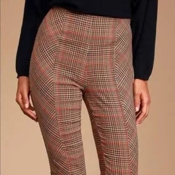 Free People Flyin High Black and Tan Plaid Slit Hem Skinny Pants Women's 12 - Picture 2 of 6